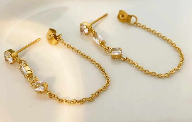 Unchained Drop Earring- 3 CZ station Chain PVD