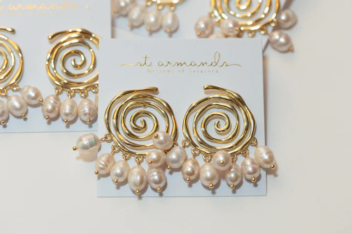 Golden Swirl Pearl Drop Earrings