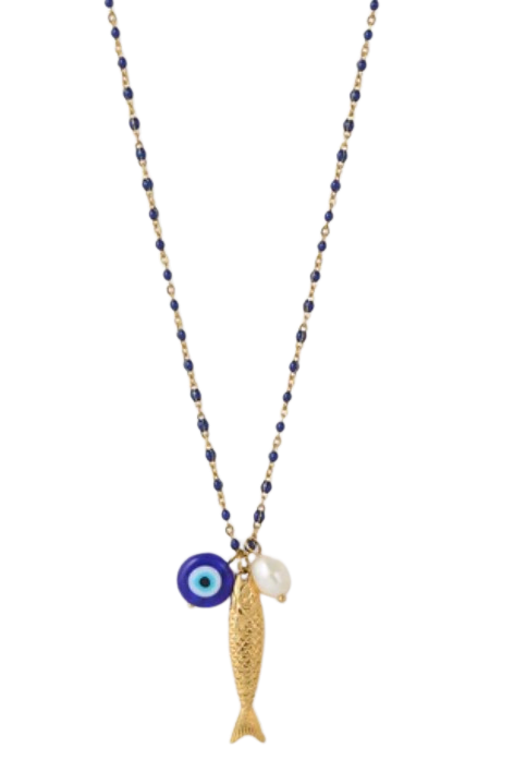 Fish for Luck. Enamel and Evil Eye Necklace: Blue