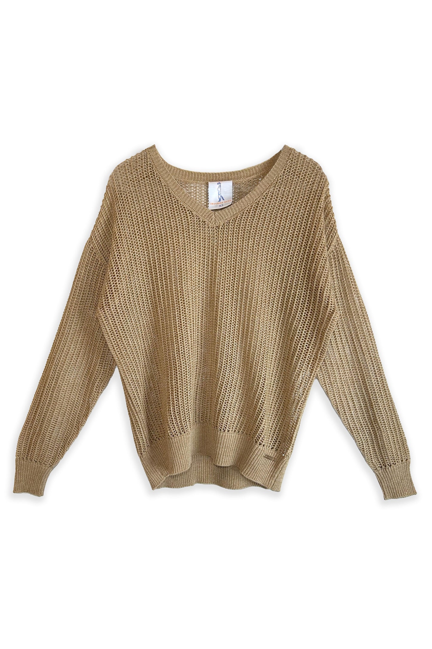 Open Weave V-Neck Sweater | Gold Metallic