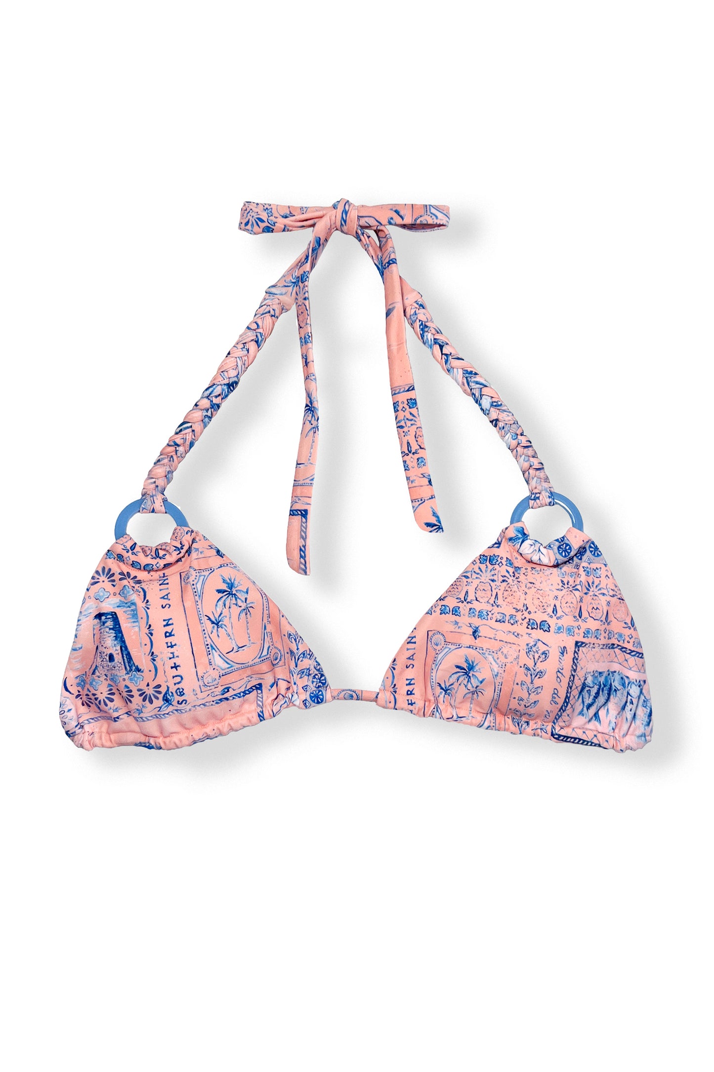 Get ready to turn heads in this gorgeous triangle bikini top. The Santa Cruz top is filled with luxurious details, such as a hand painted print, a beautiful braided strap and a fully recycled custom Chambray acrylic ring.  Pair with the matching Santa Cruz bikini bottom for the full look or mix and match with one of our other luxurious bikini bottoms!  Peach