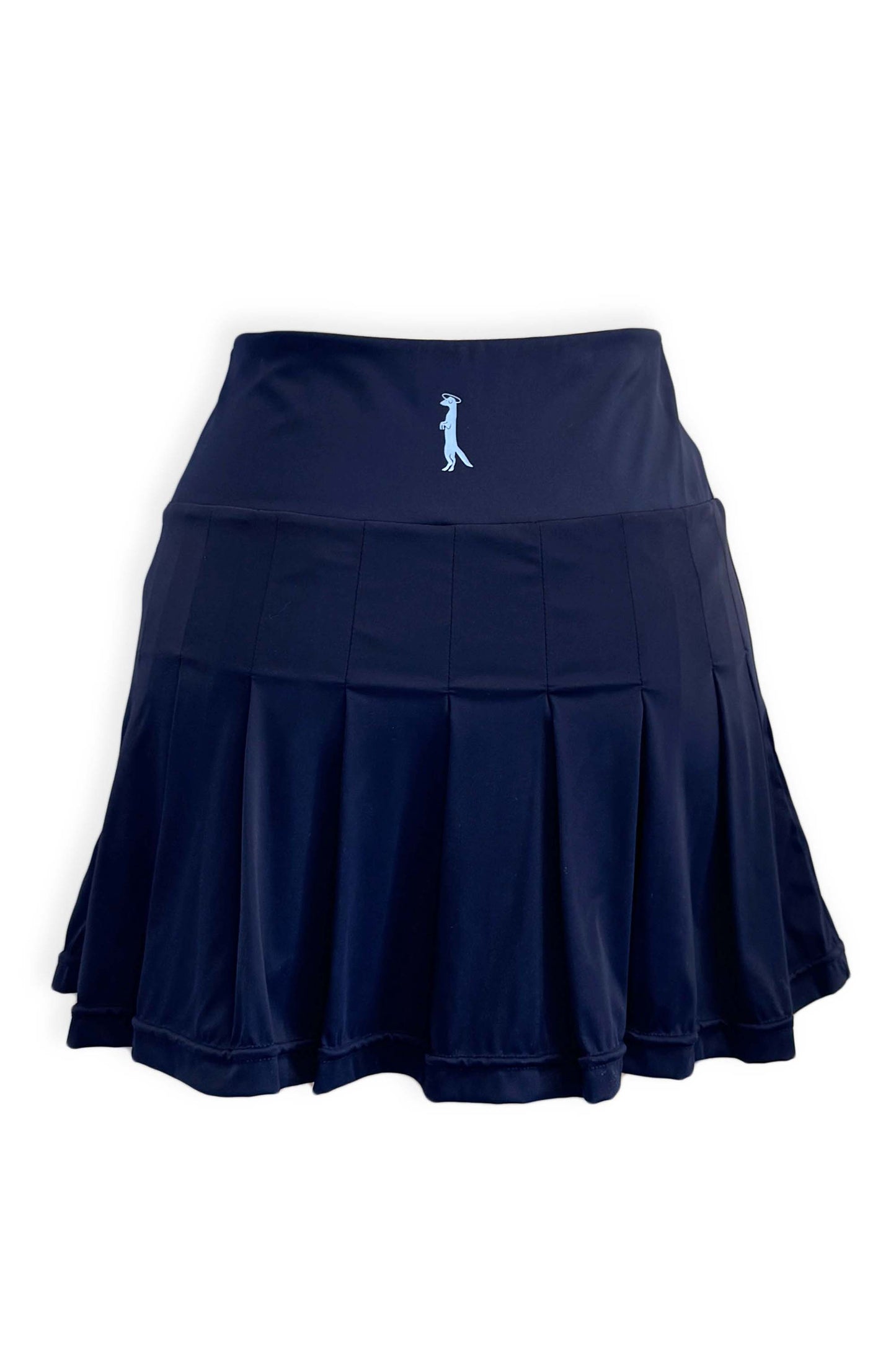 Navy pleated tennis skirt in soft, stretchy and sustainable fabric. Built in shorts with pockets in peach and white seersucker fabric with the brand's Mongoose logo.