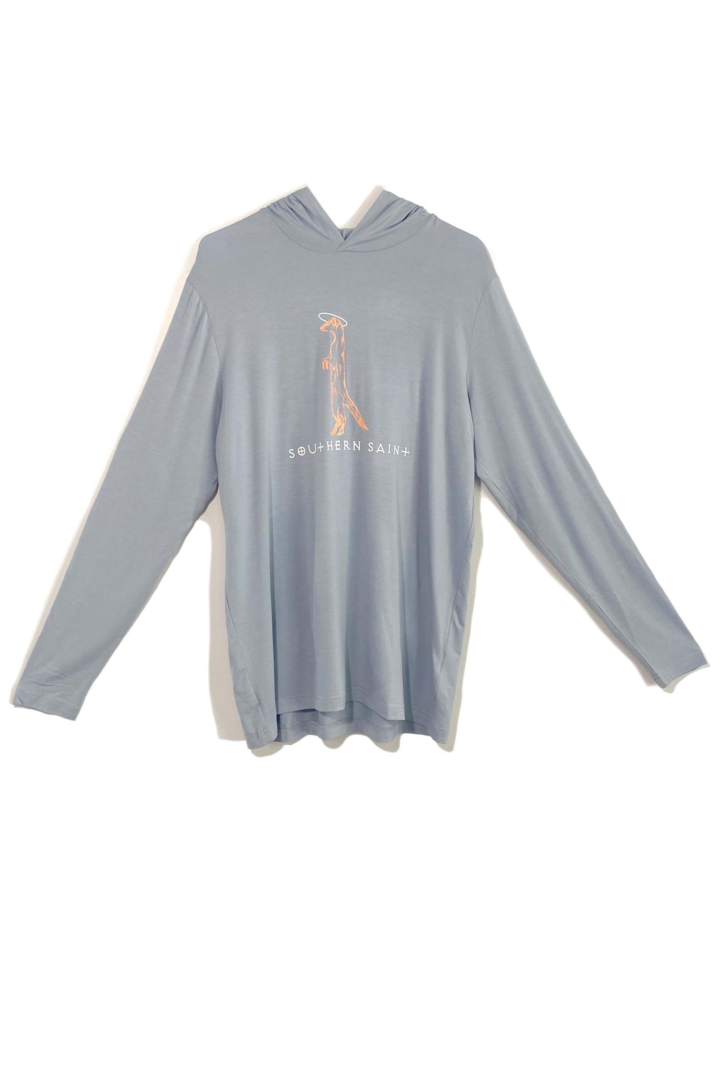 Our best selling Hooded Apres-sun shirt is a top seller for a reason...cooling, anti-microbial and perfect for throwing on after a day at the beach or for the long boat ride home. Shown in Chambray with Peach and white Southern Saint logo printed on the front.