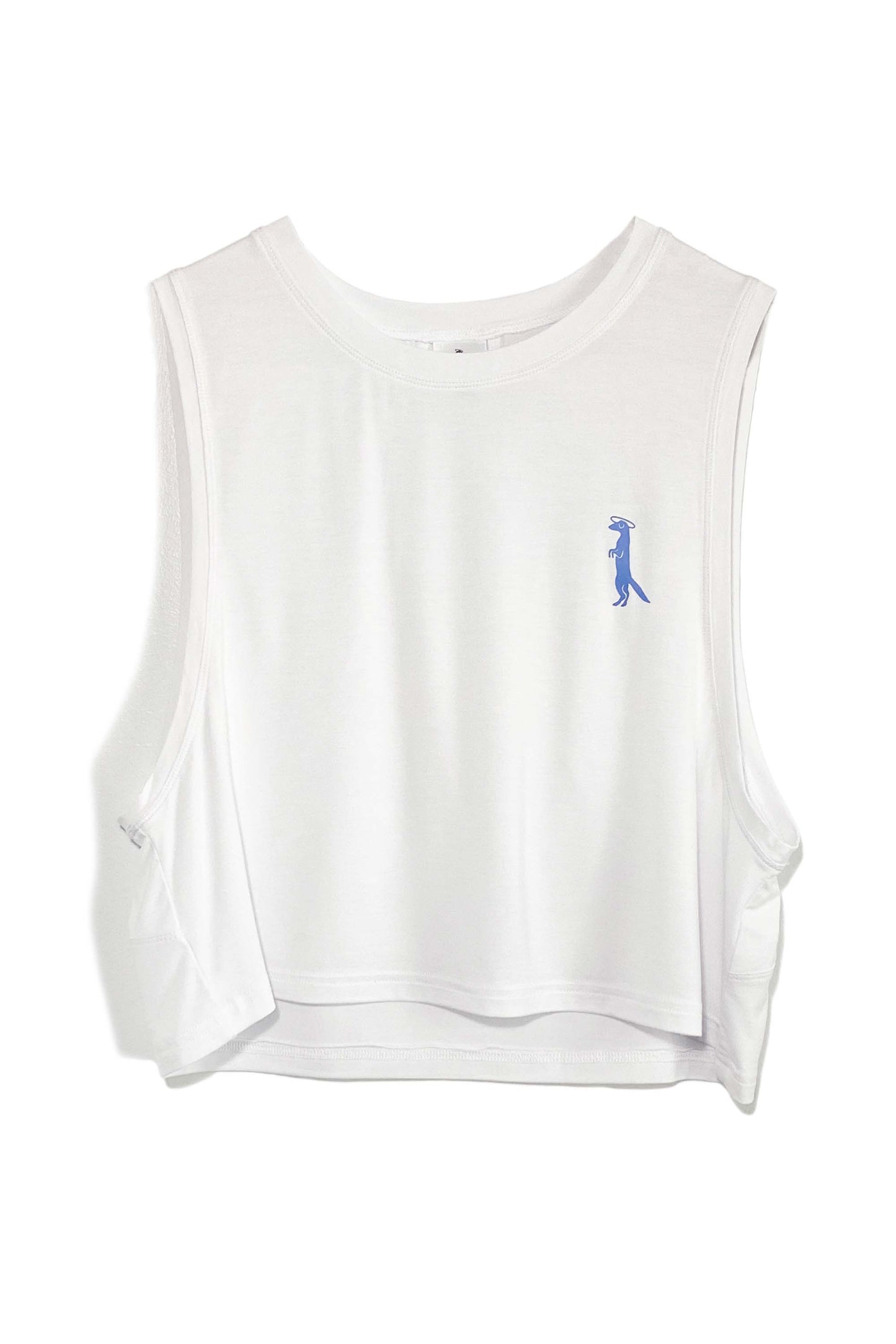 Soft bamboo fabric in a cooling loose, crop fit.  Perfect for in or out of the gym or on the yoga mat!  In white with a printed chambray blue Mongoose logo on the front.