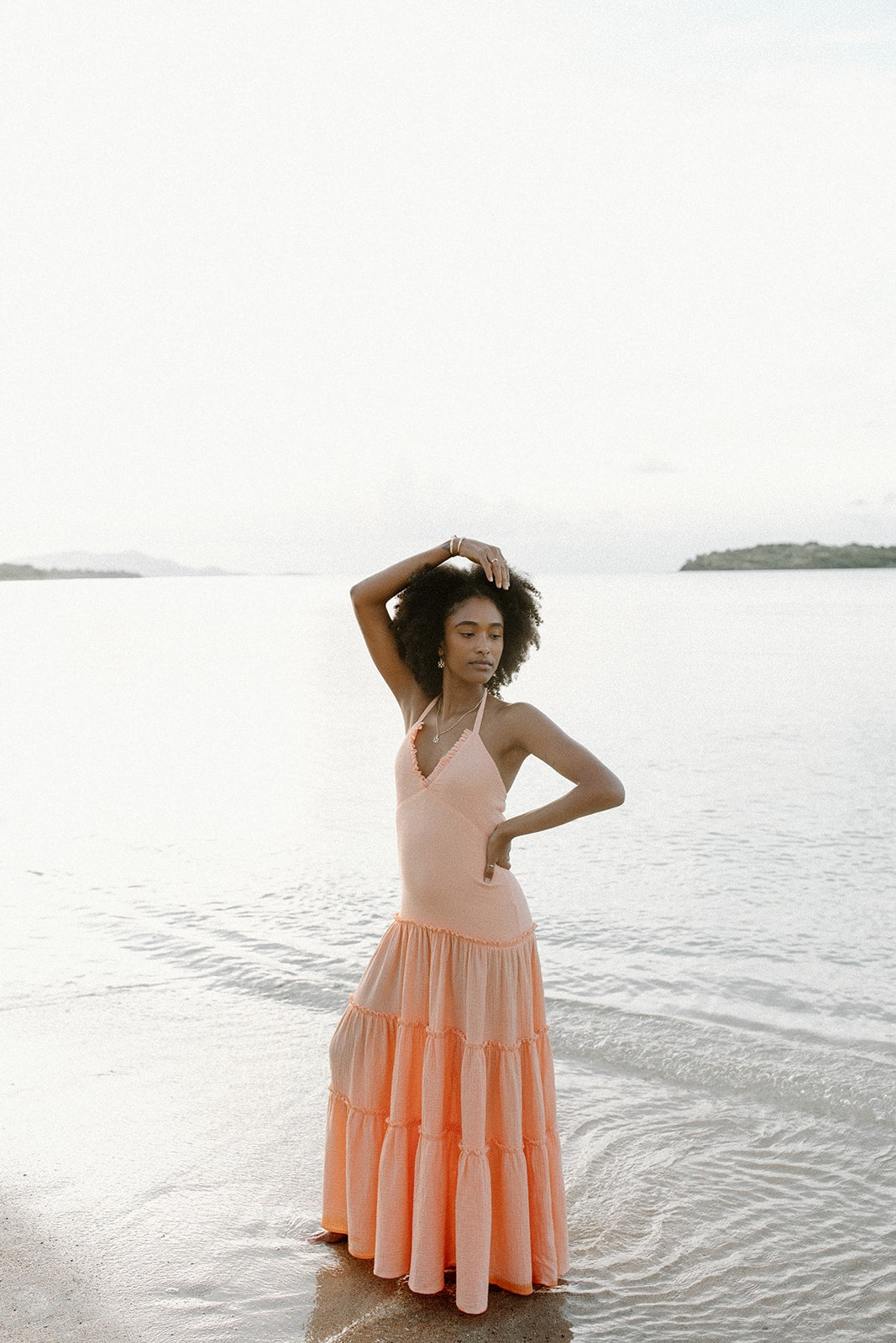 peach linen dress Peach Linen Midi Dress, Classic Fit & Flare With Sash