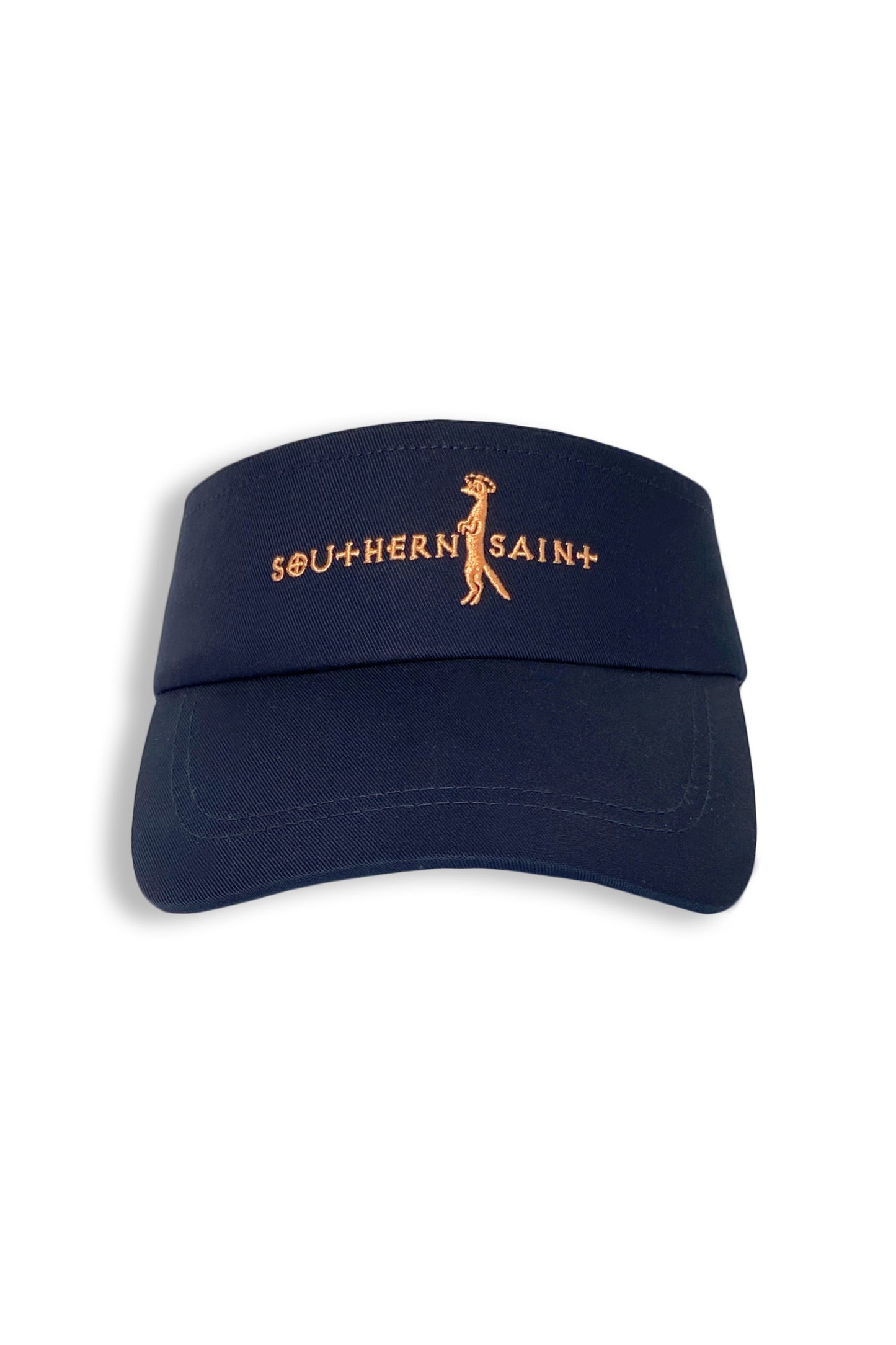 Our favorite visor is perfect for running, golfing, hiking, or serving it up during tennis! Mesh band that helps keep you cool and soaks up all that hard work.  Southern Saint embroidered on the front.  Shown here in Navy with Peach embroidery.