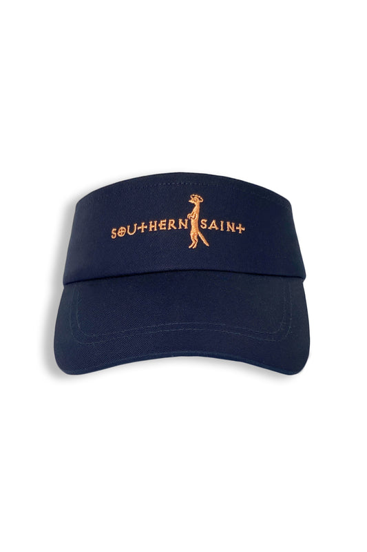 Our favorite visor is perfect for running, golfing, hiking, or serving it up during tennis! Mesh band that helps keep you cool and soaks up all that hard work.&nbsp; Southern Saint embroidered on the front.  Shown here in Navy with Peach embroidery.