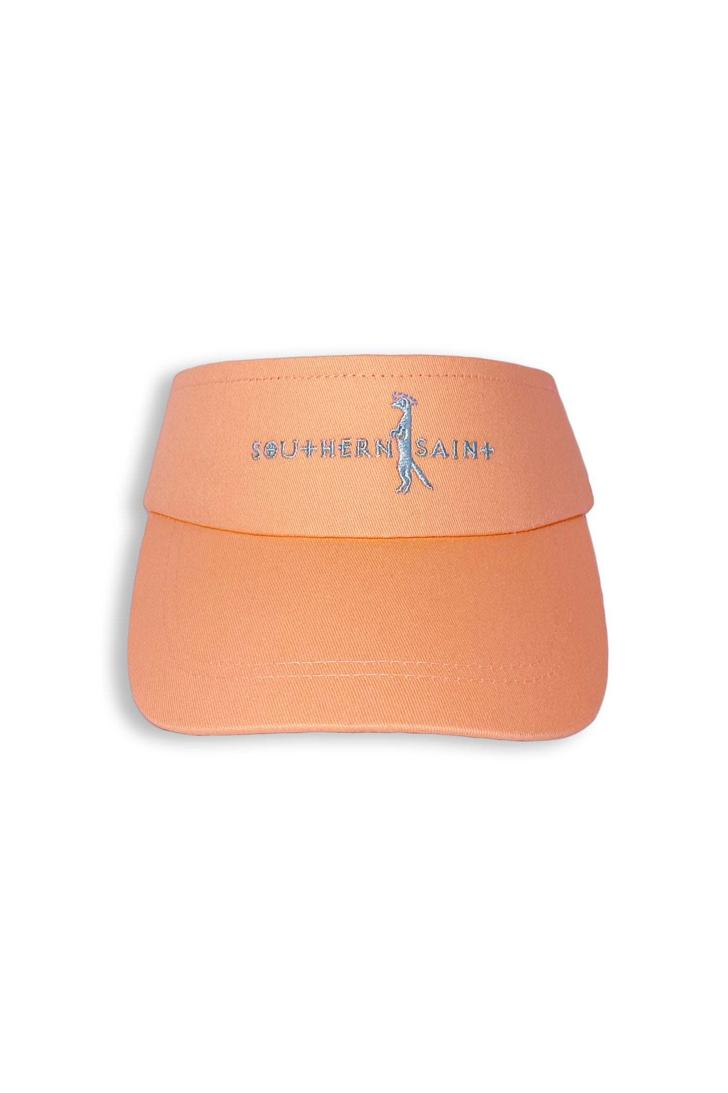 Our favorite visor is perfect for running, golfing, hiking, or serving it up during tennis! Mesh band that helps keep you cool and soaks up all that hard work. Southern Saint embroidered on the front. Shown in our Perfect Peach with Chambray embroidery.