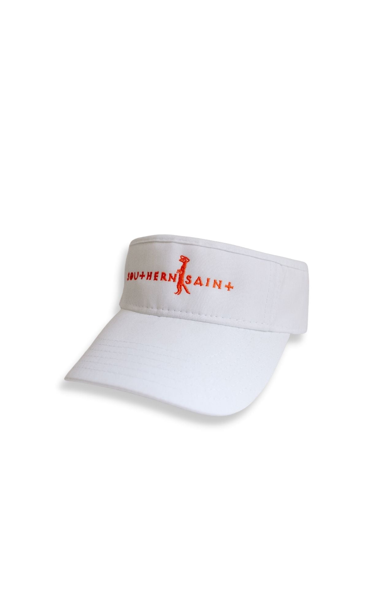 Our favorite visor is perfect for running, hiking, or serving it up during tennis! Mesh band that helps keep you cool and soaks up all that hard work. Southern Saint embroidered on the front. Shown here in White with Coral embroidery.