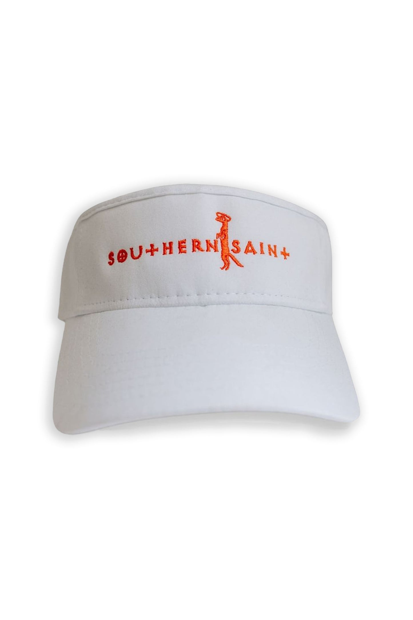 Our favorite visor is perfect for running, hiking, or serving it up during tennis! Mesh band that helps keep you cool and soaks up all that hard work. Southern Saint embroidered on the front. Shown here in White with Coral embroidery.
