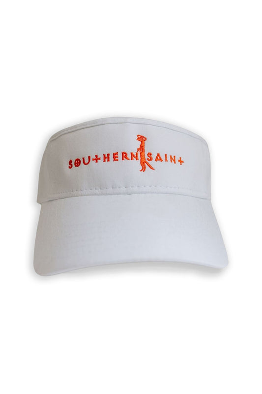 Our favorite visor is perfect for running, hiking, or serving it up during tennis! Mesh band that helps keep you cool and soaks up all that hard work.&nbsp; Southern Saint embroidered on the front.  Shown here in White with Coral embroidery.