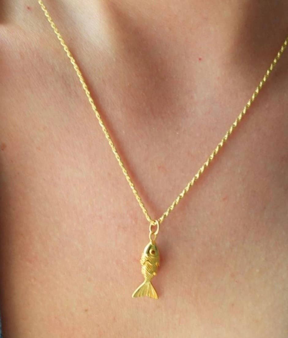 Lure- 14K Gold Steel Articulated Portuguese Fish Necklace : Large