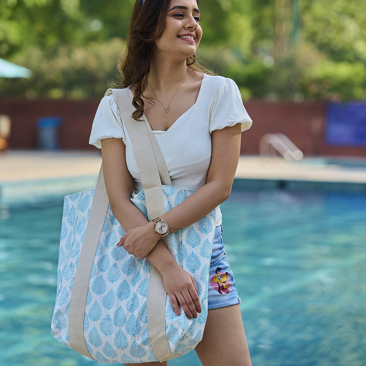 Printed Canvas Bag | Sky Blue Leaves