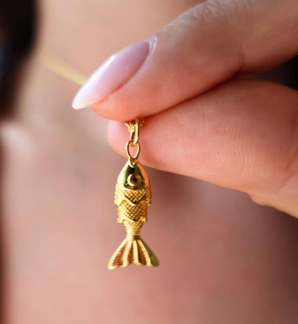 Lure- 14K Gold Steel Articulated Portuguese Fish Necklace : Large