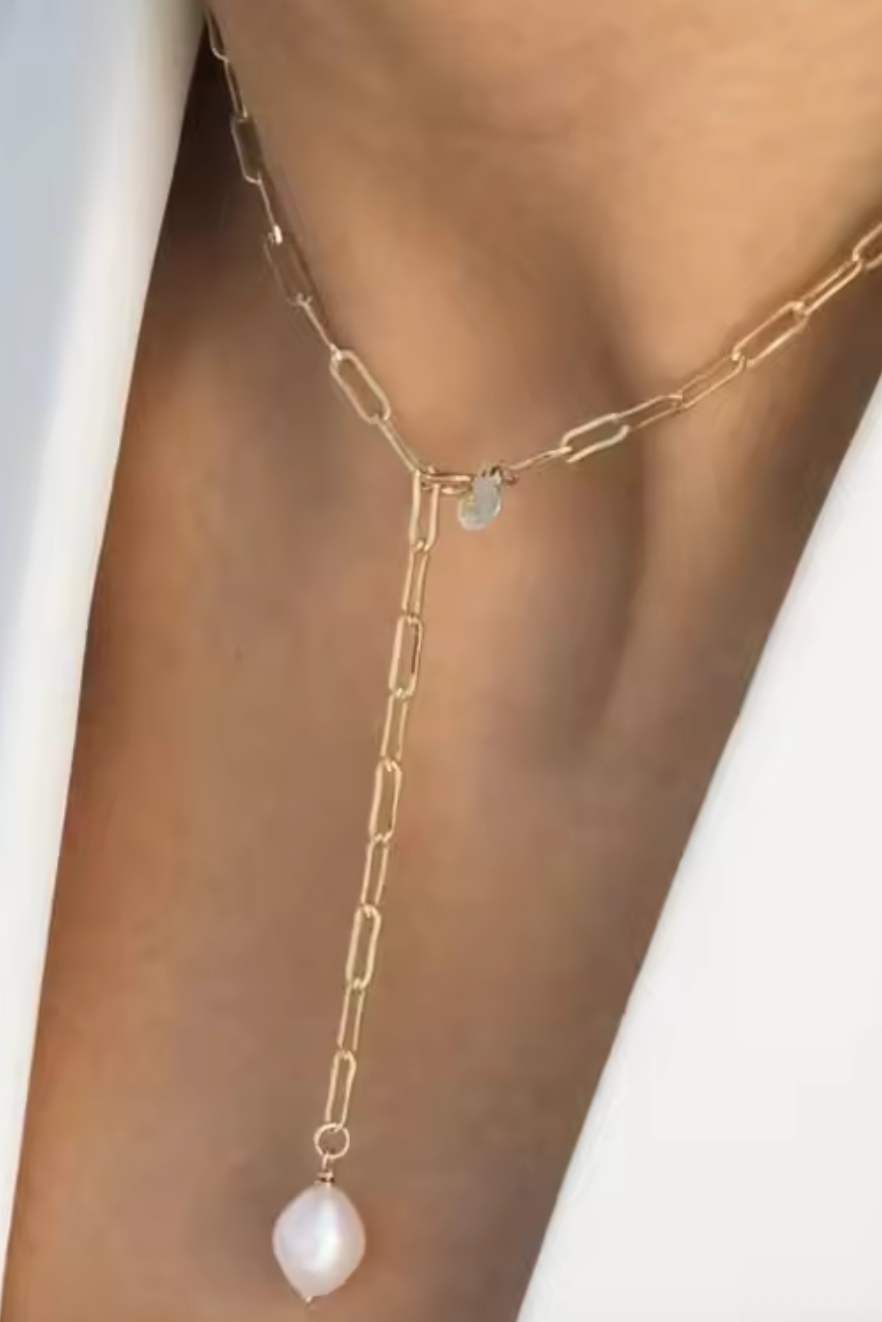 Pearl Simple Lariat Waterproof PVD natural Fresh Water Pearl