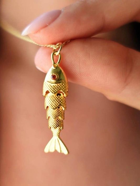Lure- 14K Gold Steel Articulated Portuguese Fish Necklace : Large