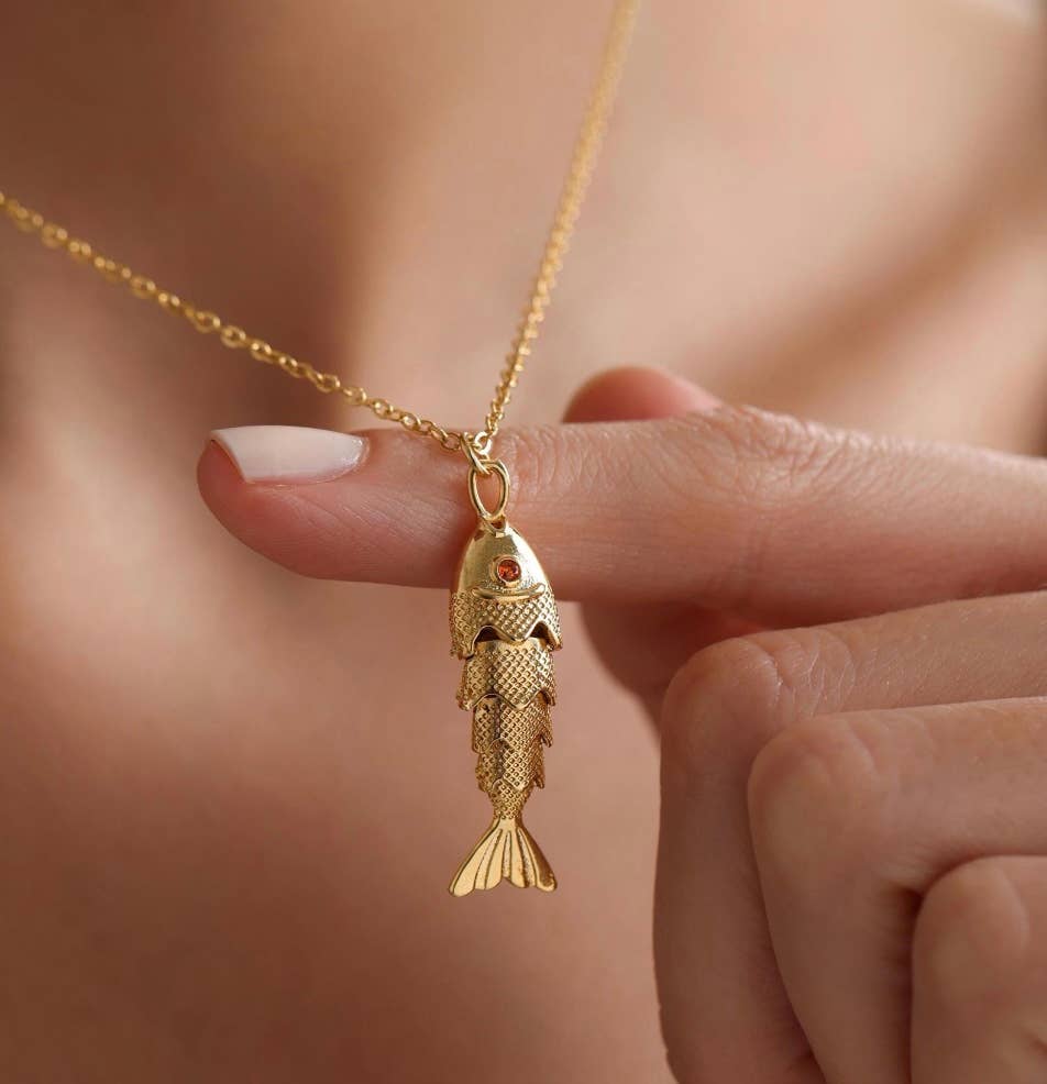 Lure- 14K Gold Steel Articulated Portuguese Fish Necklace : Large