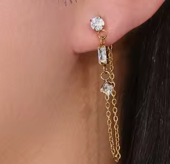 Unchained Drop Earring- 3 CZ station Chain PVD