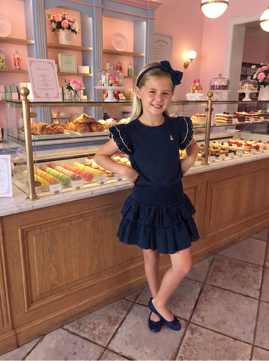 Girls Eyelet Ruffle Skirt in Navy