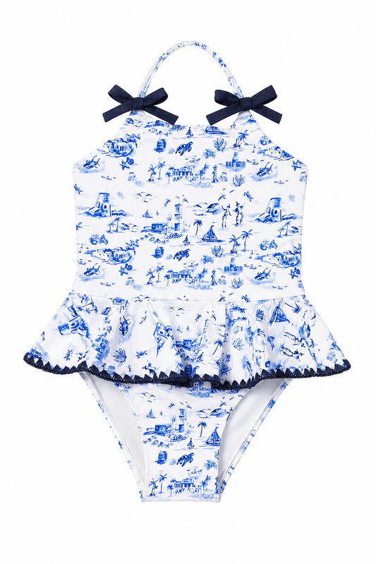 Girls Little Island Toile Ruffle Swimsuit