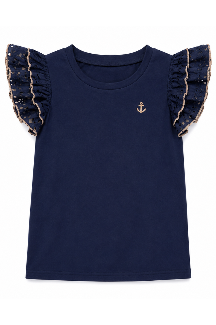 Girls Ruffle Anchor Top in Navy