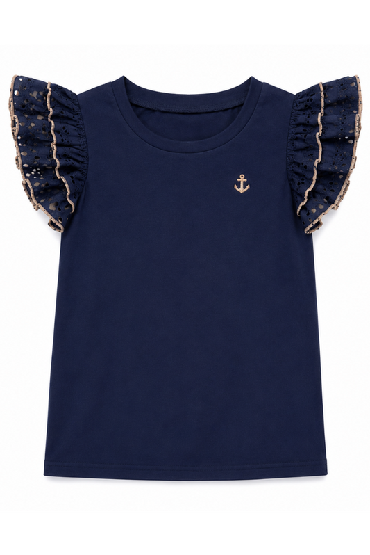 Girls Ruffle Anchor Top in Navy