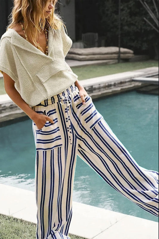 Striped Wide-Leg Drawstring Pants