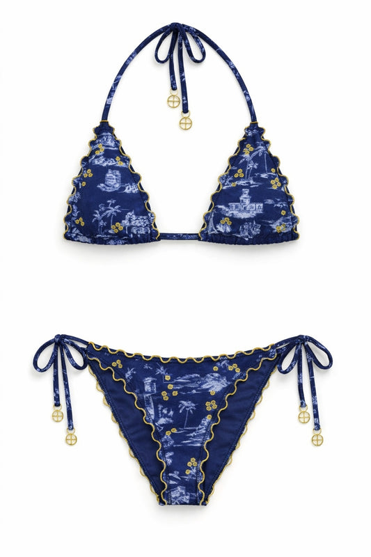 Isla Tie Side Bottom in Navy Toile