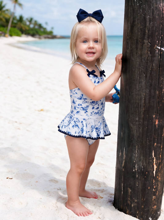 Girls Little Island Toile Ruffle Swimsuit