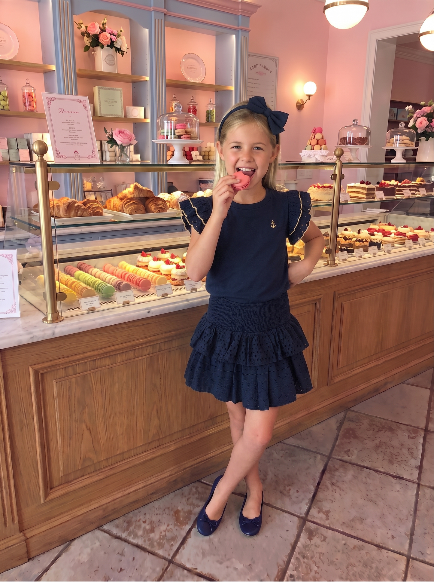 Girls Ruffle Anchor Top in Navy