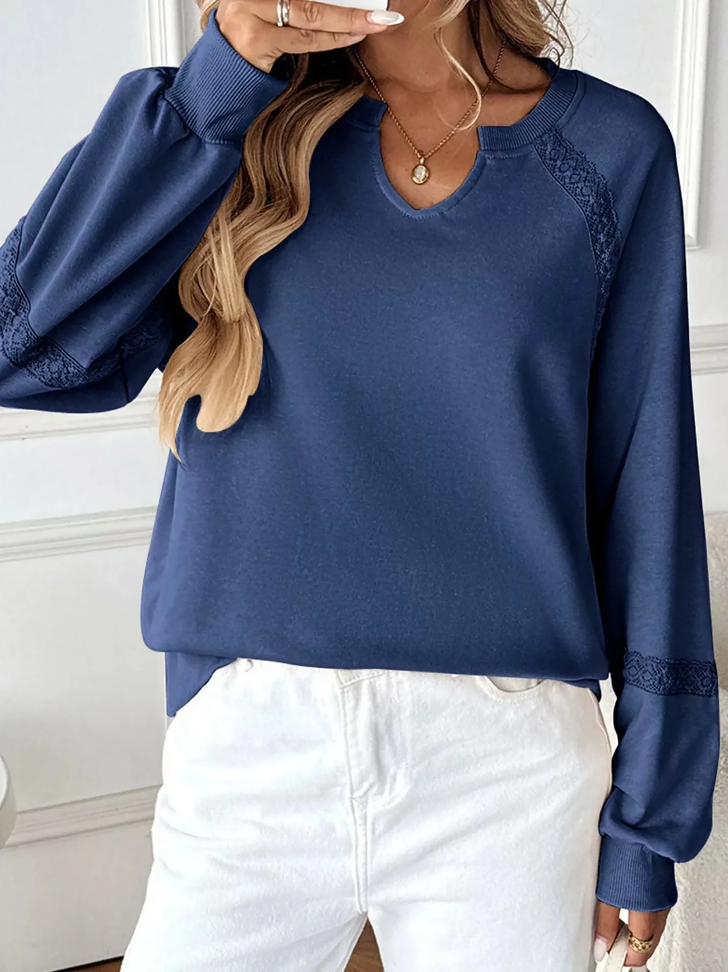 Notched Raglan Sleeve Sweatshirt