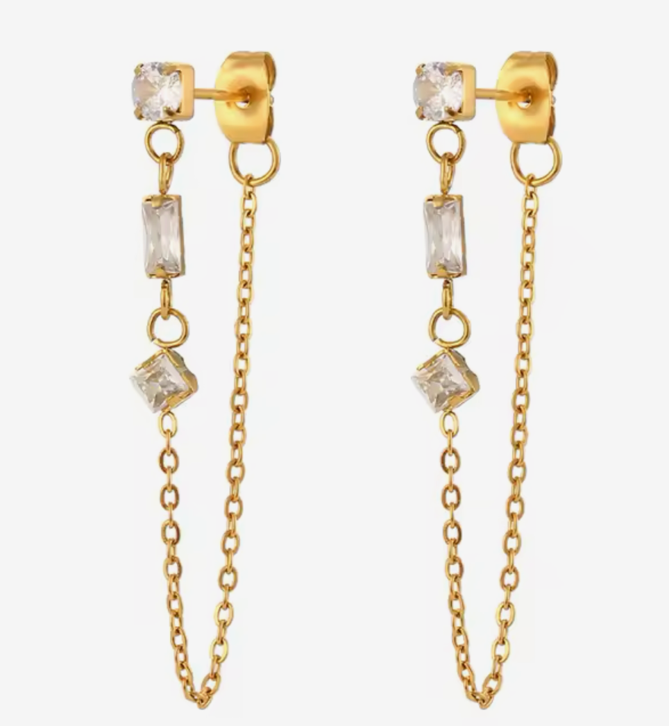 Unchained Drop Earring- 3 CZ station Chain PVD