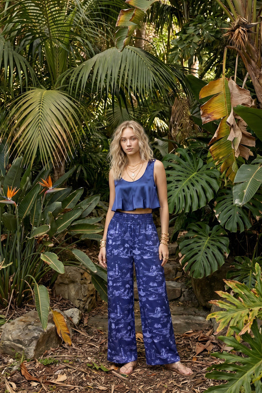 Womens Navy Toile Wide Leg Pant
