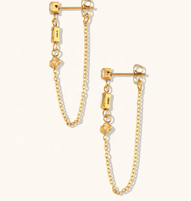 Unchained Drop Earring- 3 CZ station Chain PVD