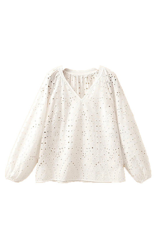 Eyelet V-Neck Long Sleeve Blouse