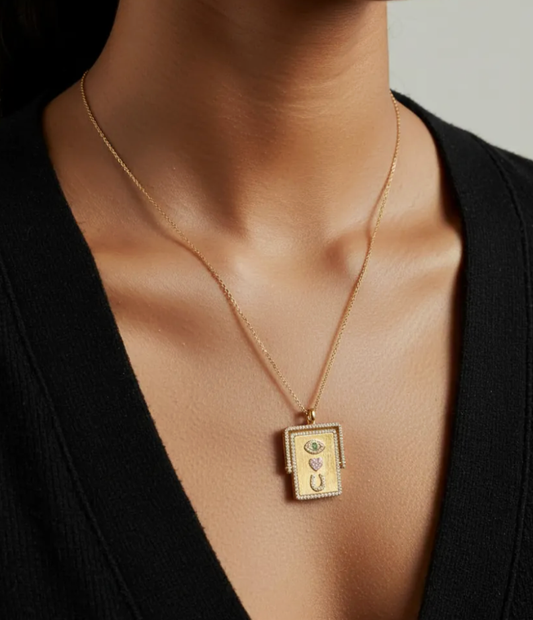 EYE LOVE U- Flip Pendant CZ necklace- 14K Gold 
