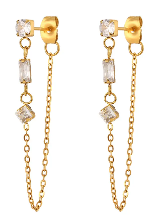 Unchained Drop Earring- 3 CZ station Chain PVD