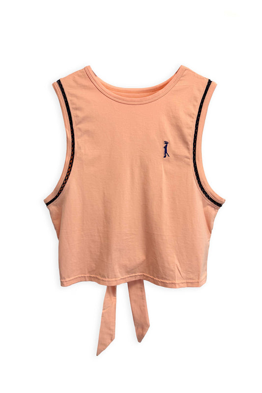 Our Loose fit Semi-Crop tank is perfect for layering on top of your sports bra. Our Open back tie feature makes it great for breathability and style and of course that Southern Bow is perfection!  Navy contrast crochet detailing along the arms and embroidered mongoose on left front chest.