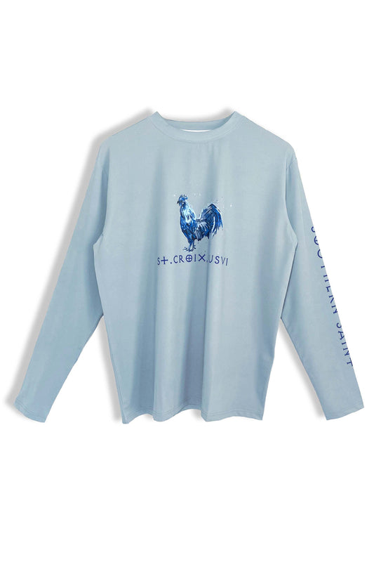 Our Newest Recycled Nylon Performance Shirt in a steely chambray blue with a Rooster! This shirt is perfect for running around town or enjoying a hike on our beautiful island. Being that the Rooster is such a staple of the Virgin Islands, we had to feature him on a shirt.  Artwork by local artist, Briana Casale Cox.