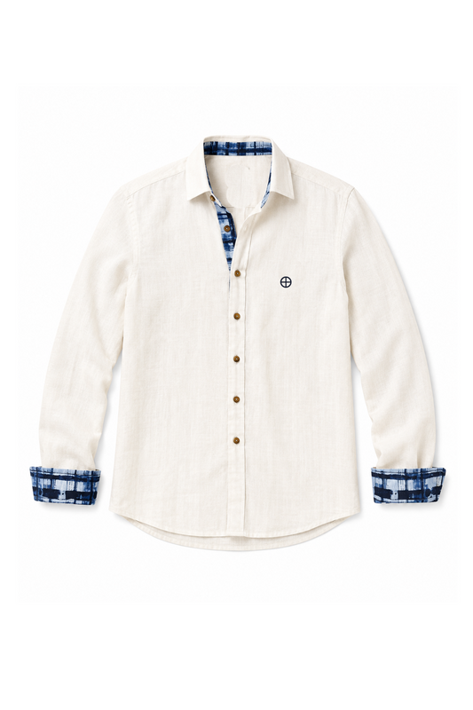 White Linen Button Up Shirt with Passage Plaid Cuff