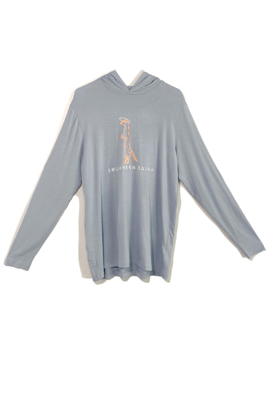 Our best selling Hooded Apres-sun shirt is a top seller for a reason...cooling, anti-microbial and perfect for throwing on after a day at the beach or for the long boat ride home.    Shown in Chambray with Peach and white Southern Saint logo printed on the front.