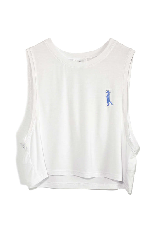 Soft bamboo fabric in a cooling loose, crop fit.  Perfect for in or out of the gym or on the yoga mat!  In white with a printed chambray blue Mongoose logo on the front.