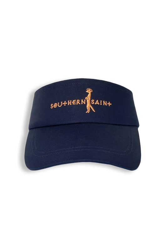 Our favorite visor is perfect for running, golfing, hiking, or serving it up during tennis! Mesh band that helps keep you cool and soaks up all that hard work.  Southern Saint embroidered on the front.  Shown here in Navy with Peach embroidery.