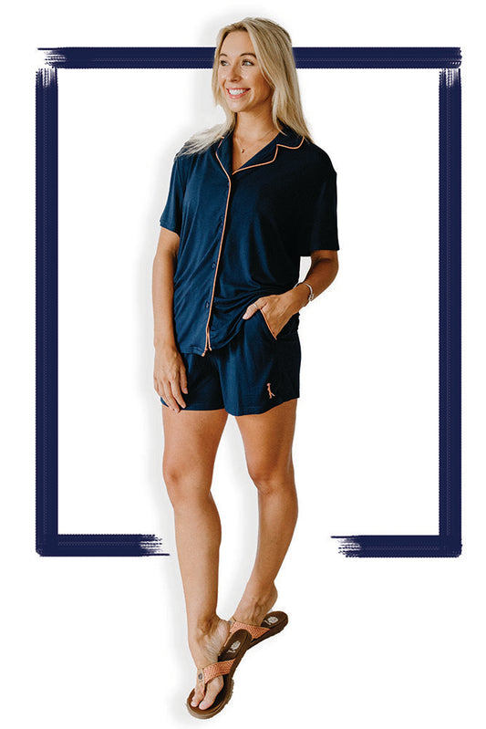 Bamboo Piping  Pajama Set | Navy